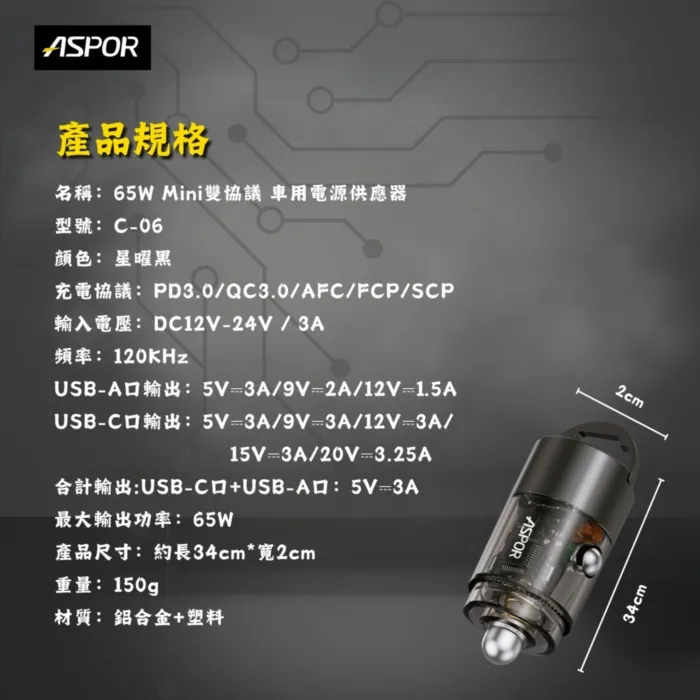 星曜黑ASPOR PD+QC 65W Mini 急速快充車載充電器C06