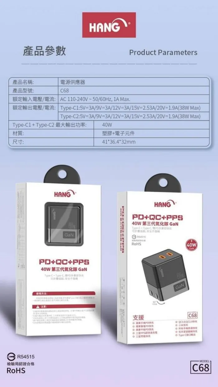 (PD+QC+PPS) C68 雙C口(摺疊)40W 氮化鎵 快速閃充電器(H