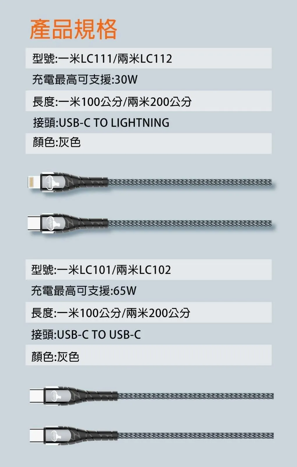 灰 牛角-LC-2米 TYPE C TO TYPE C編織快充線(暟)