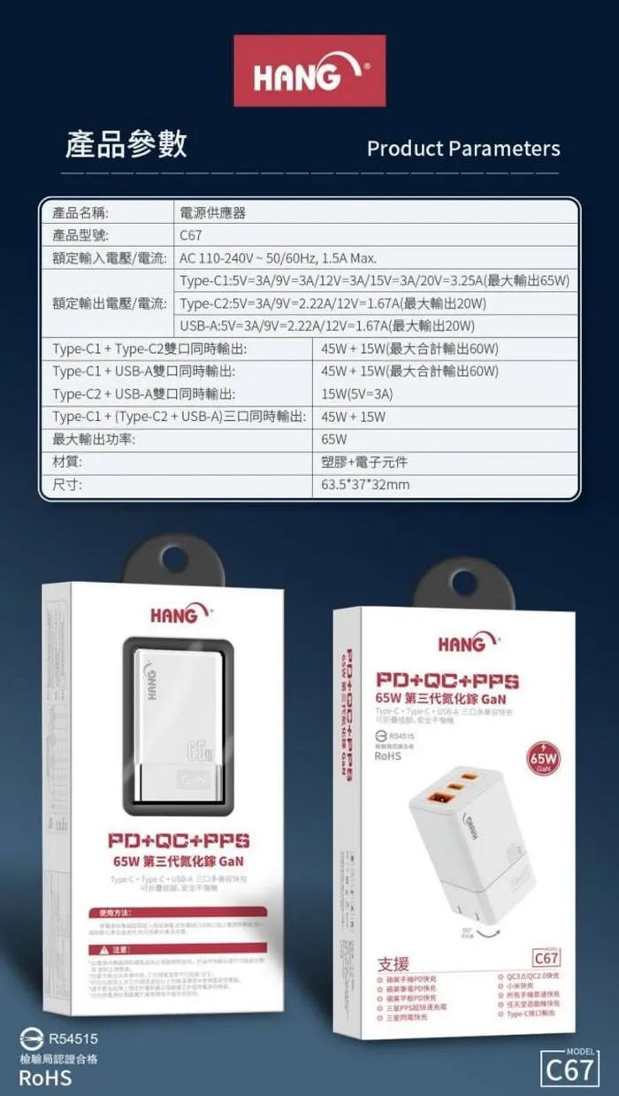 C67 65W 氮化鎵 (C+C+USB) 三口多兼容快充頭 (HANG)