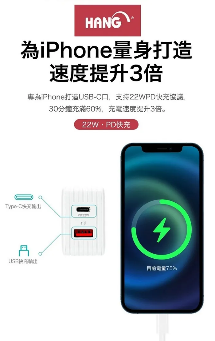 HANG C15A 22W(PD+QC3.0)快速閃充電器
