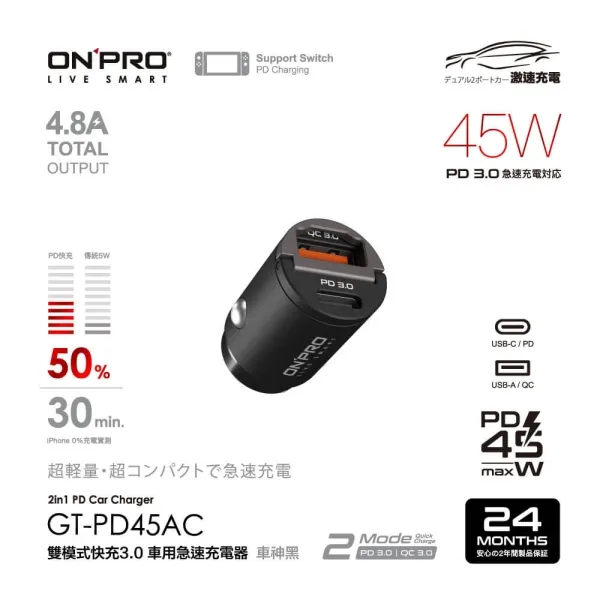 ONPRO-45W PD+QC 鋁合金MINI車充頭 (BSMI)
