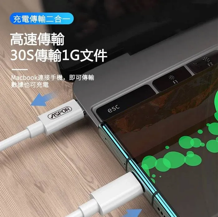 白-A108 C TO C 100W 快充充電線-ASPOR