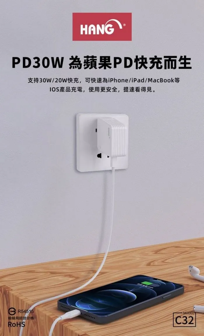  (PD+QC+PPS) 30W C32 氮化鎵 快速閃充電器(HANG)