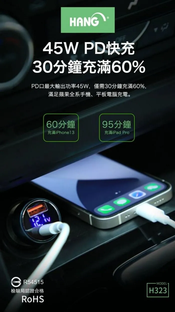 PD45W+QC25W 鋁合金顯示70W車充