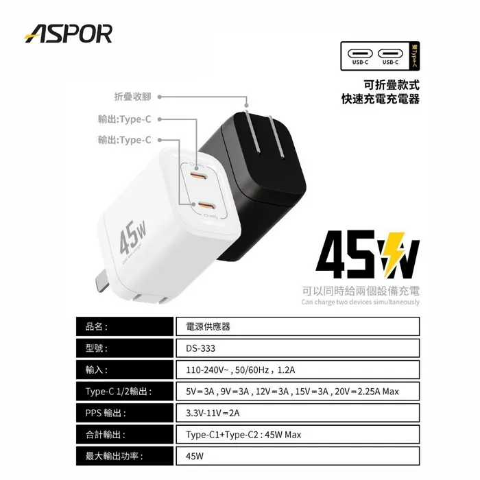 ASPOR 氮化鎵GaN雙PD 45W快充頭DS-333