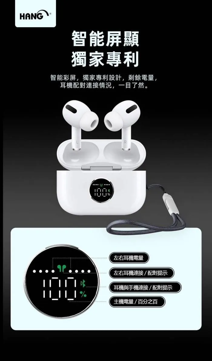 白 HANG W01顯示型無線充電藍牙耳機