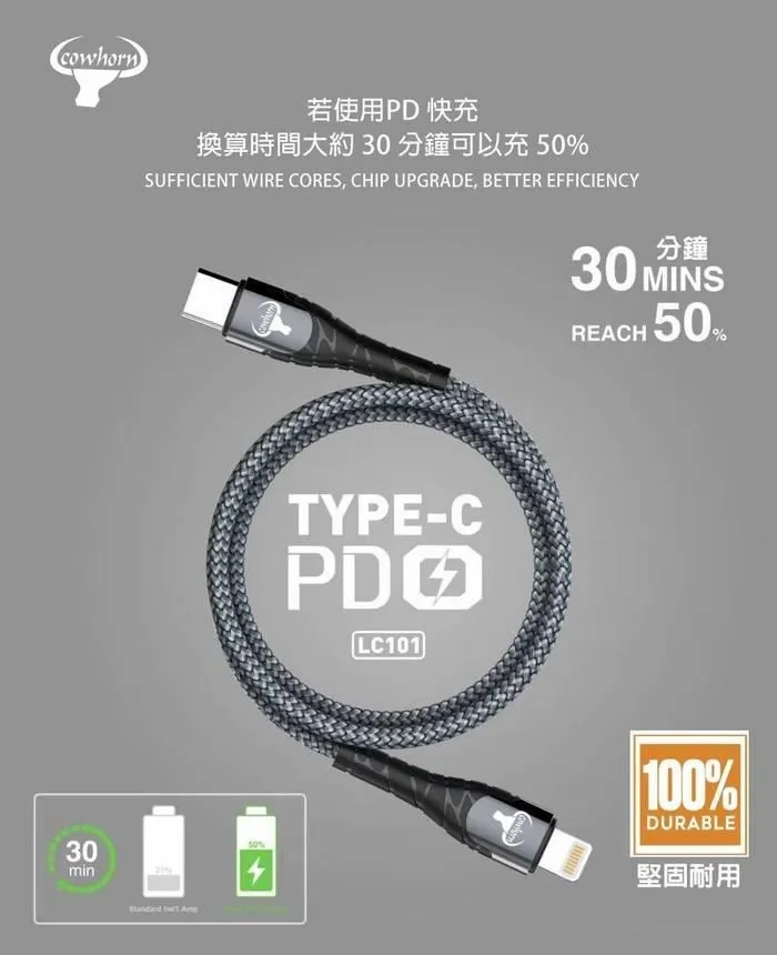 灰 牛角-LC-1米 TYPE C TO TYPE C編織快充線(暟)