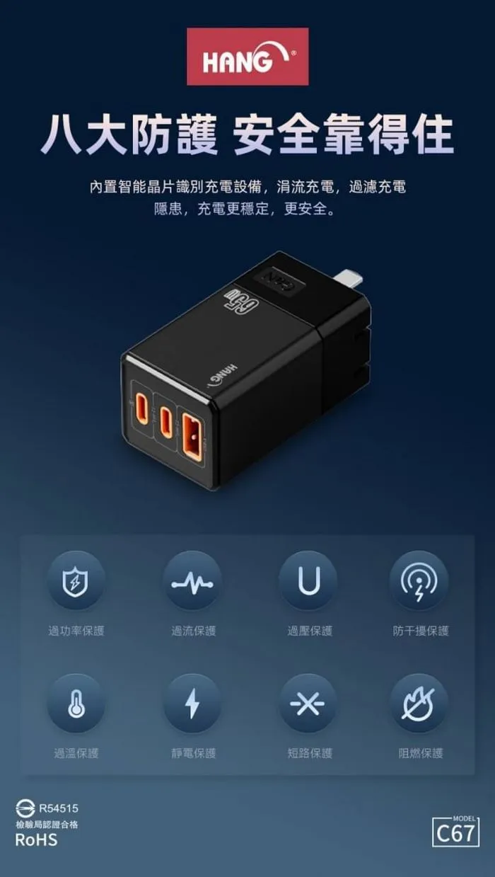 C67 65W 氮化鎵 (C+C+USB) 三口多兼容快充頭 (HANG)