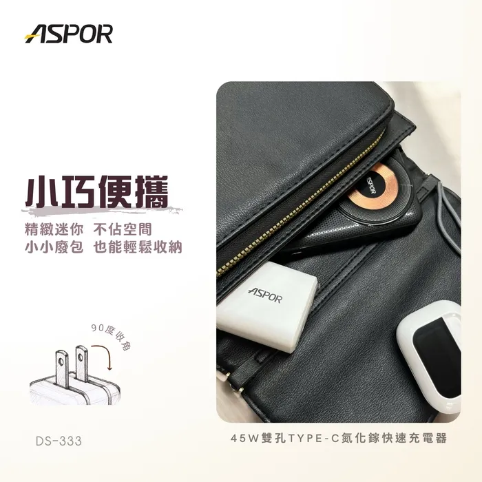ASPOR 氮化鎵GaN雙PD 45W快充頭DS-333
