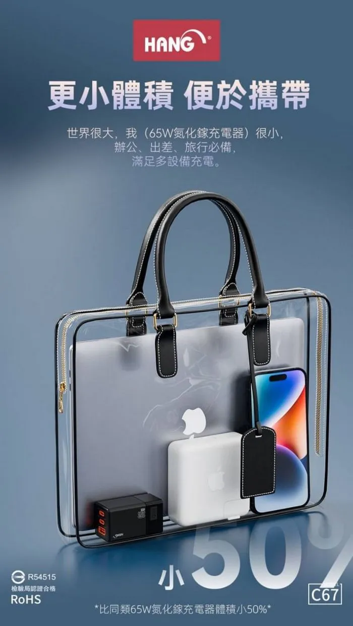 C67 65W 氮化鎵 (C+C+USB) 三口多兼容快充頭 (HANG)