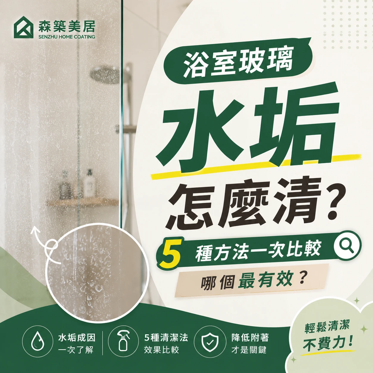 浴室玻璃水垢怎麼清？5 種方法一次比較，哪個最有效？台中居家鍍膜｜台中室內鍍膜｜台中地板鍍膜｜台中家具鍍膜｜台中浴室鍍膜｜台中廚房鍍膜