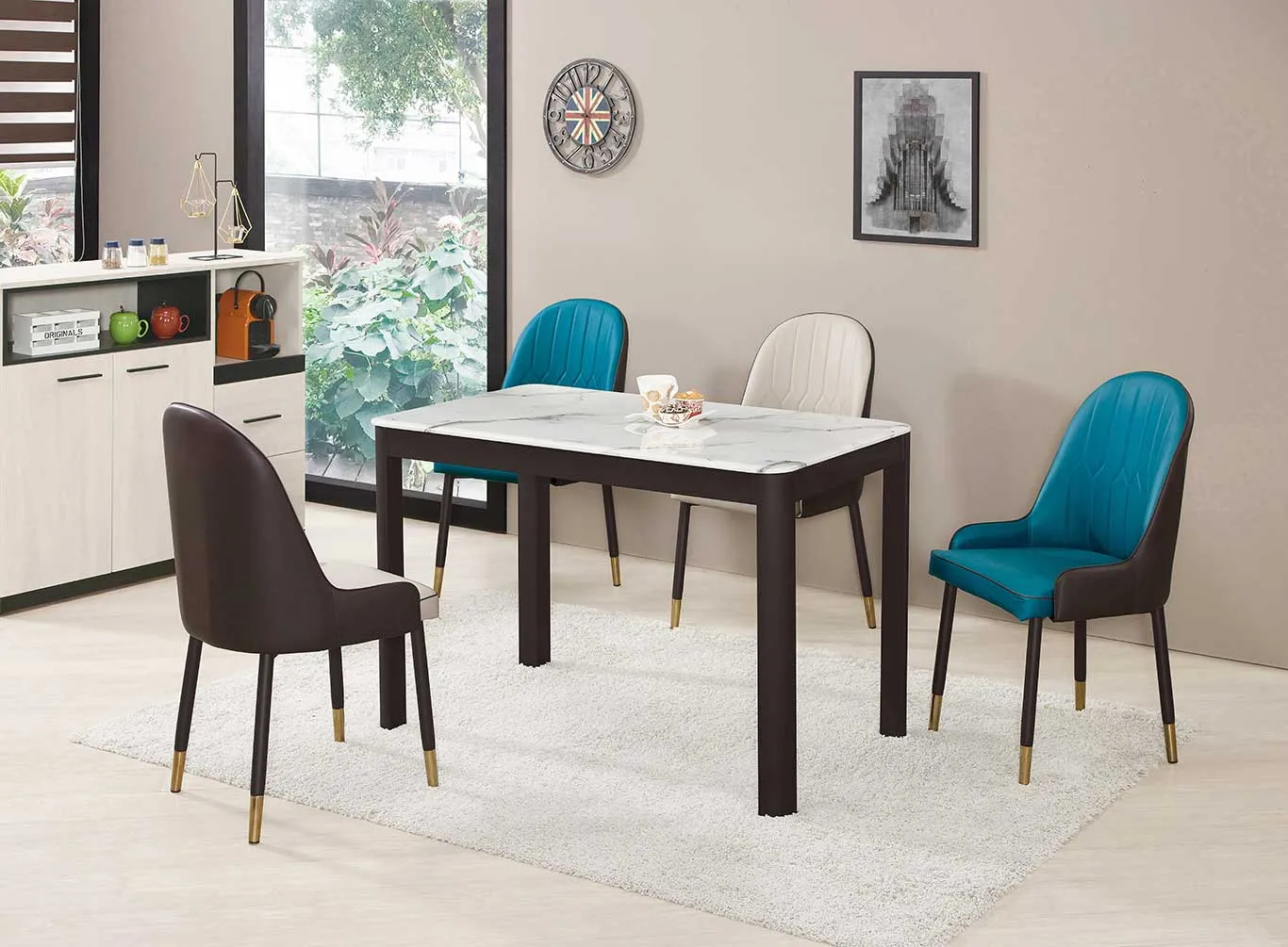 坦菲石面餐桌 /正棋皮餐椅