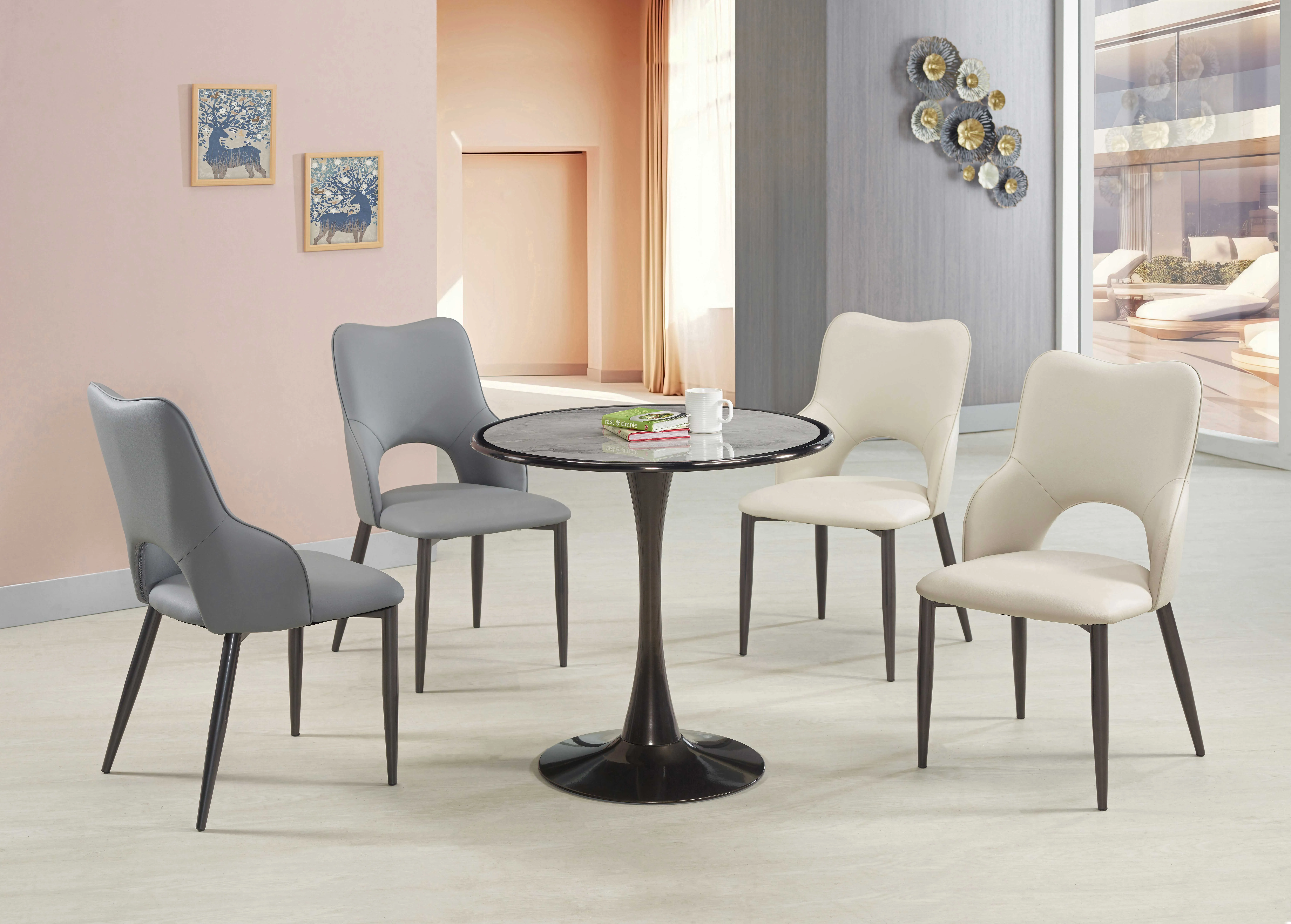 岩板圓桌/貓抓皮餐椅 