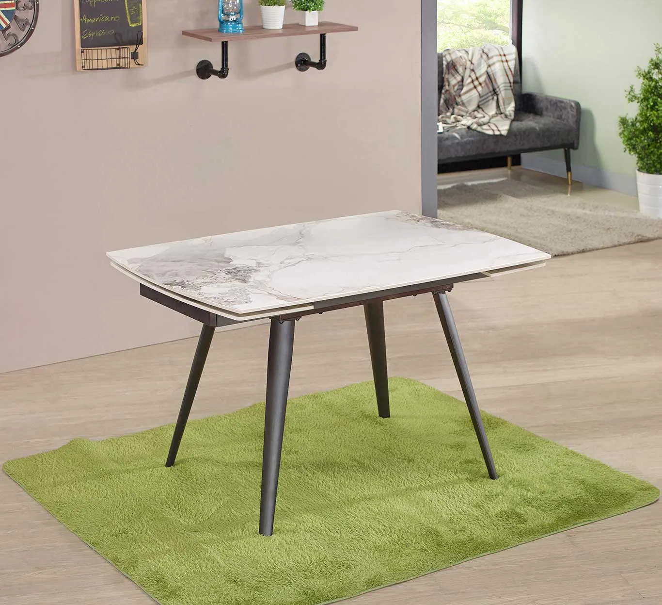 洛里安岩板拉合餐桌/森維爾皮餐椅