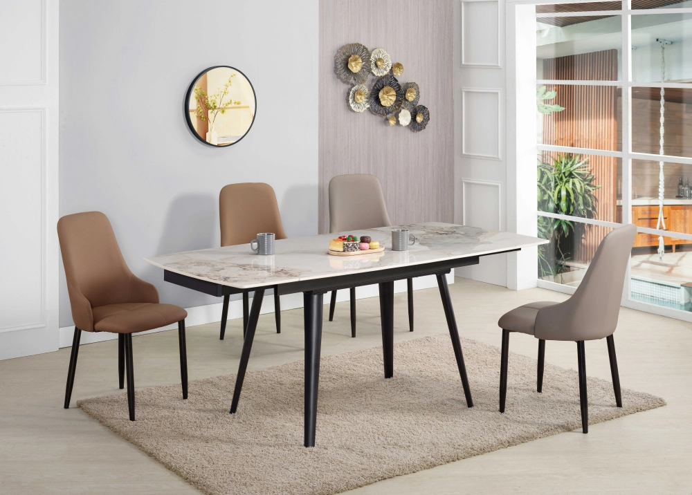 洛里安岩板拉合餐桌/森維爾皮餐椅