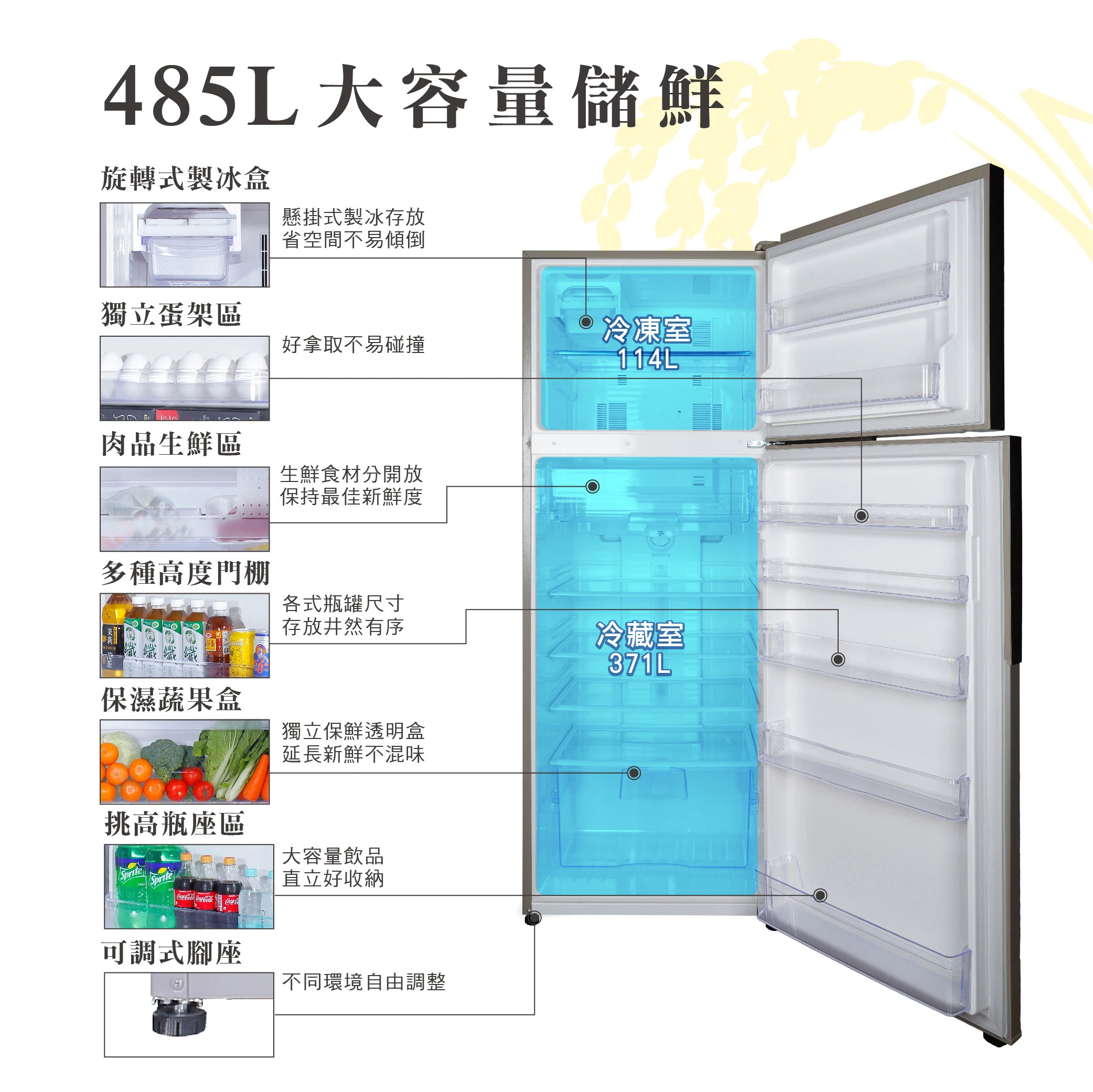 禾聯HRE-B4823V變頻雙門電冰箱485L