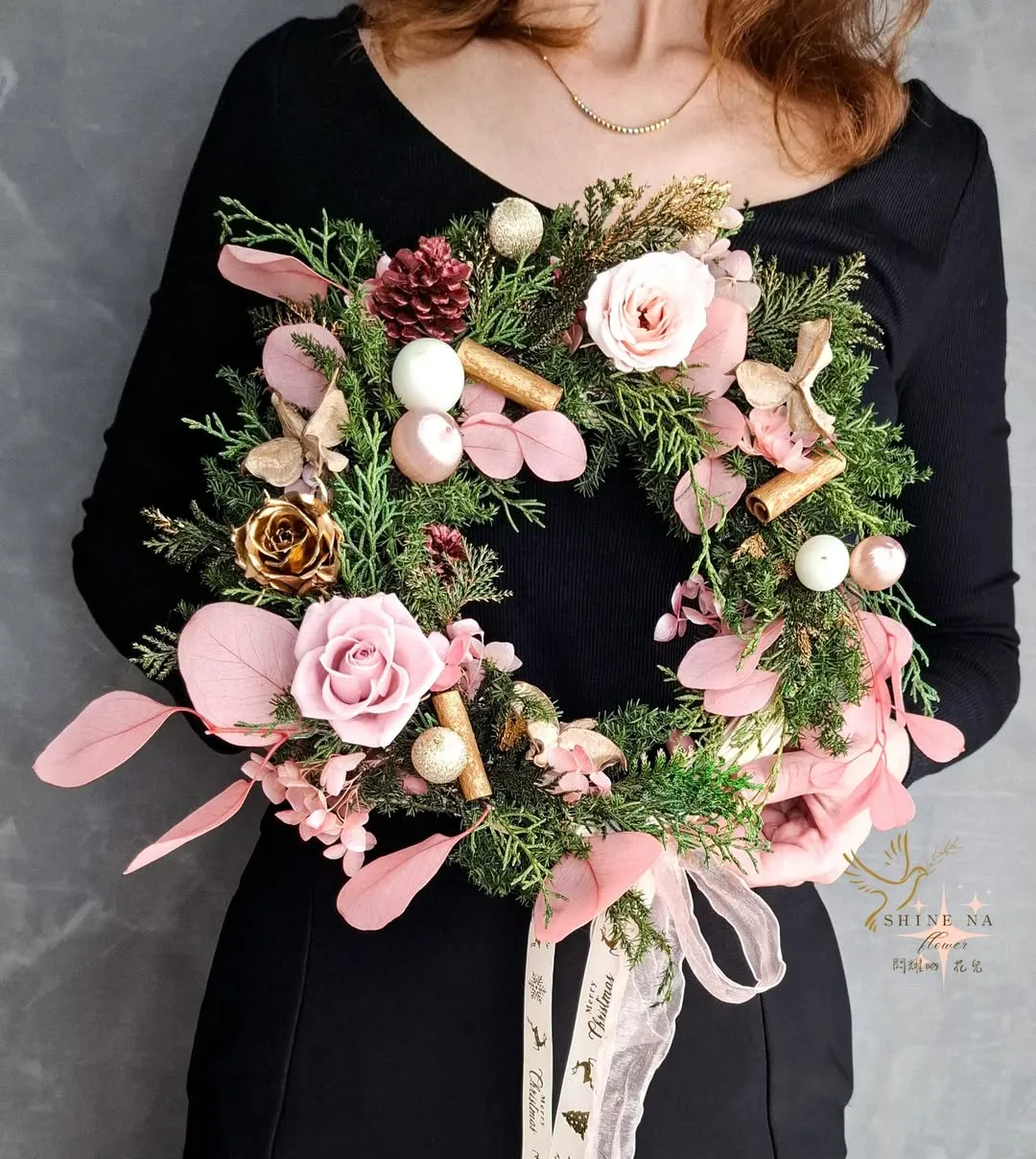 粉金唯美Rose浪漫聖誕花圈