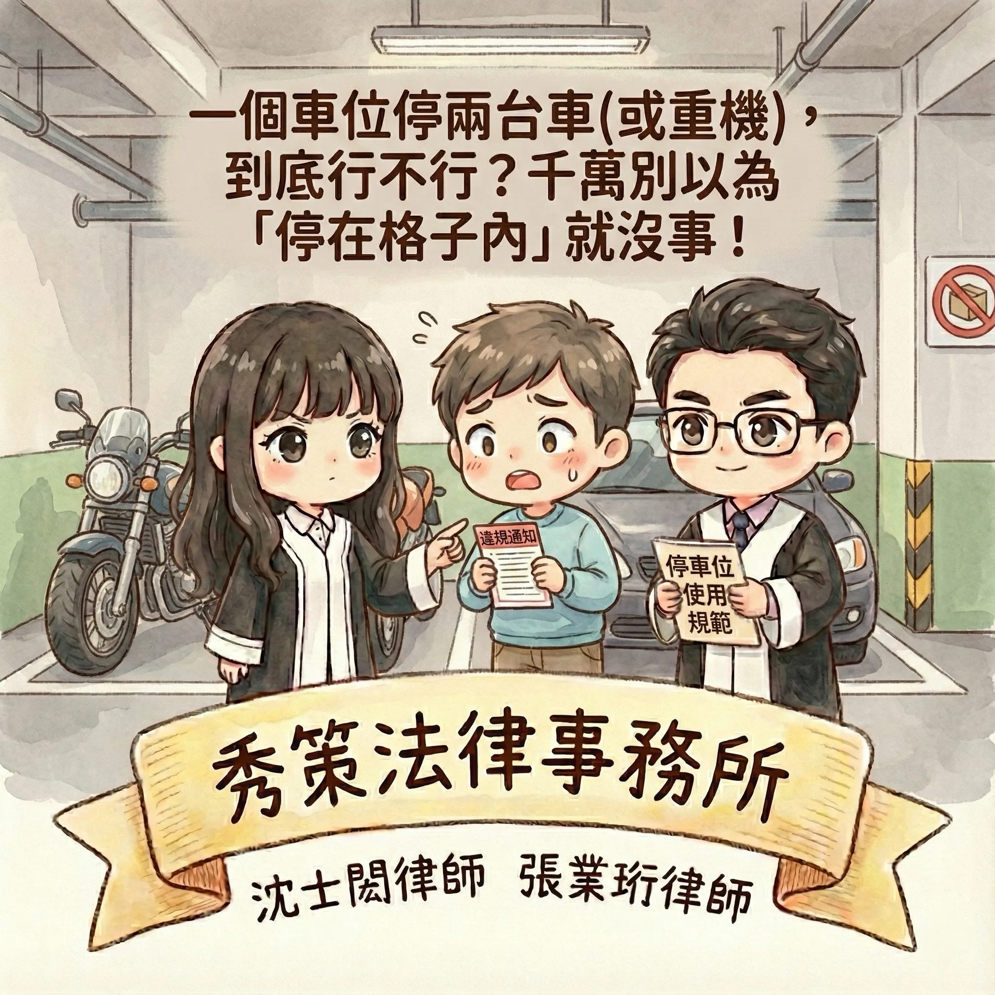 一個車位停兩台車（或重機），到底行不行？別以為「停在格子內」就沒事！　社區法律顧問 / 新莊區律師推薦 / 台北律師推薦 / 社區訴訟律師推薦／台北律師事務所／台北律師推薦