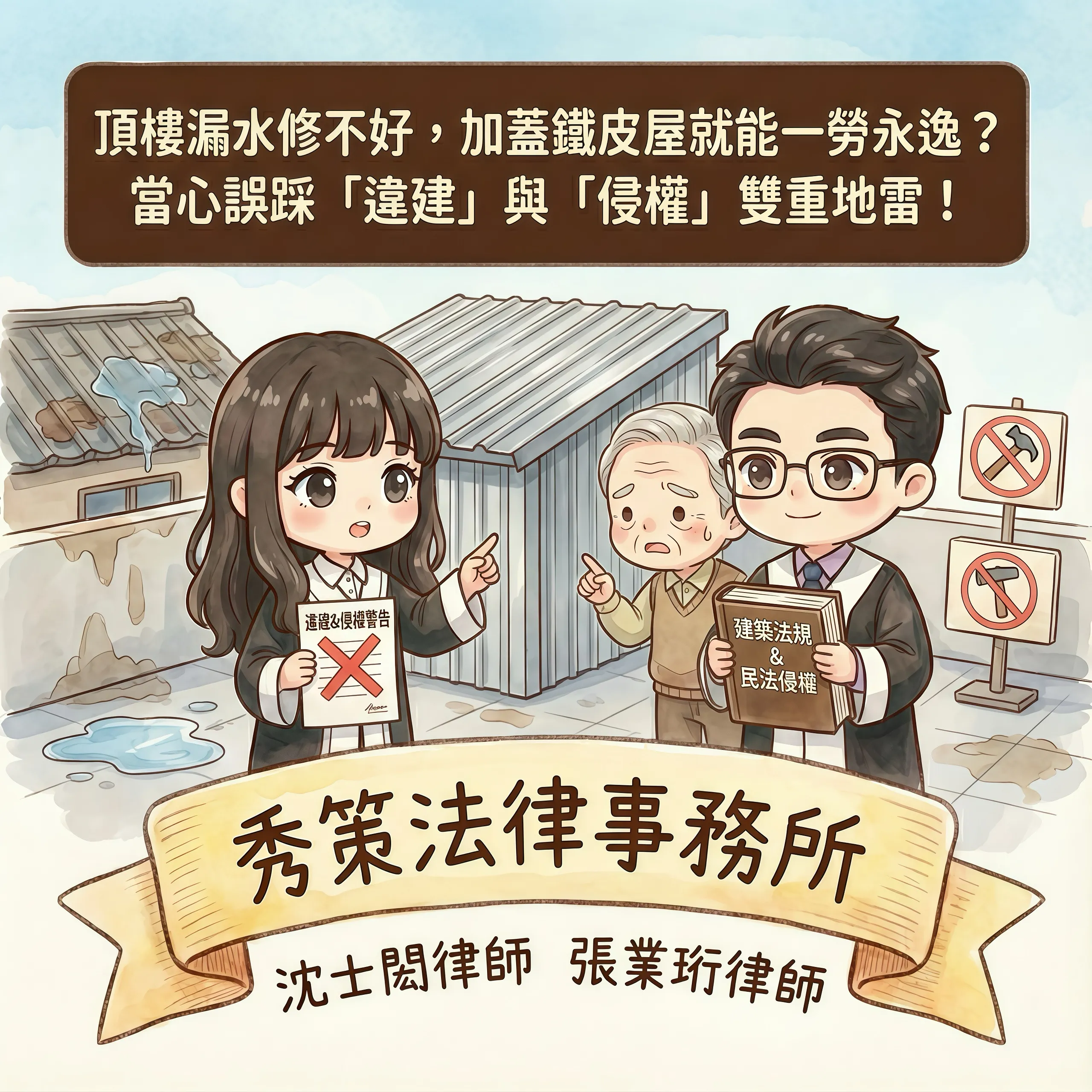 頂樓漏水修不好，加蓋鐵皮屋就能一勞永逸？當心誤踩「違建」與「侵權」雙重地雷！  社區法律顧問 / 新莊區律師推薦 / 台北律師推薦 / 社區訴訟律師推薦／台北律師事務所／台北律師推薦