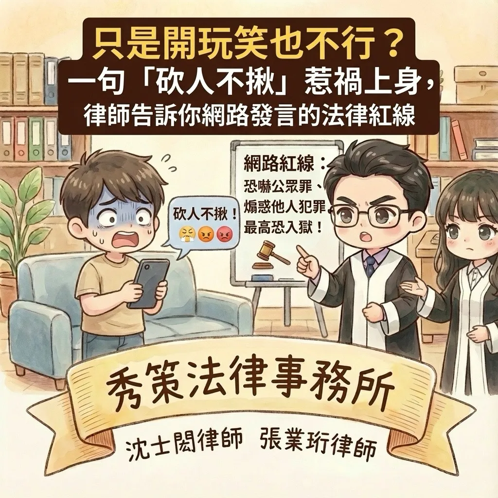 只是開玩笑也不行？一句「砍人不揪」惹禍上身，律師告訴你網路發言的法律紅線  刑事辯護律師 / 刑事辯護律師推薦 / 台北刑事辯護律師 / 台北刑事辯護律師推薦 / 新莊區刑事辯護律師 / 新莊區刑事辯護律師推薦