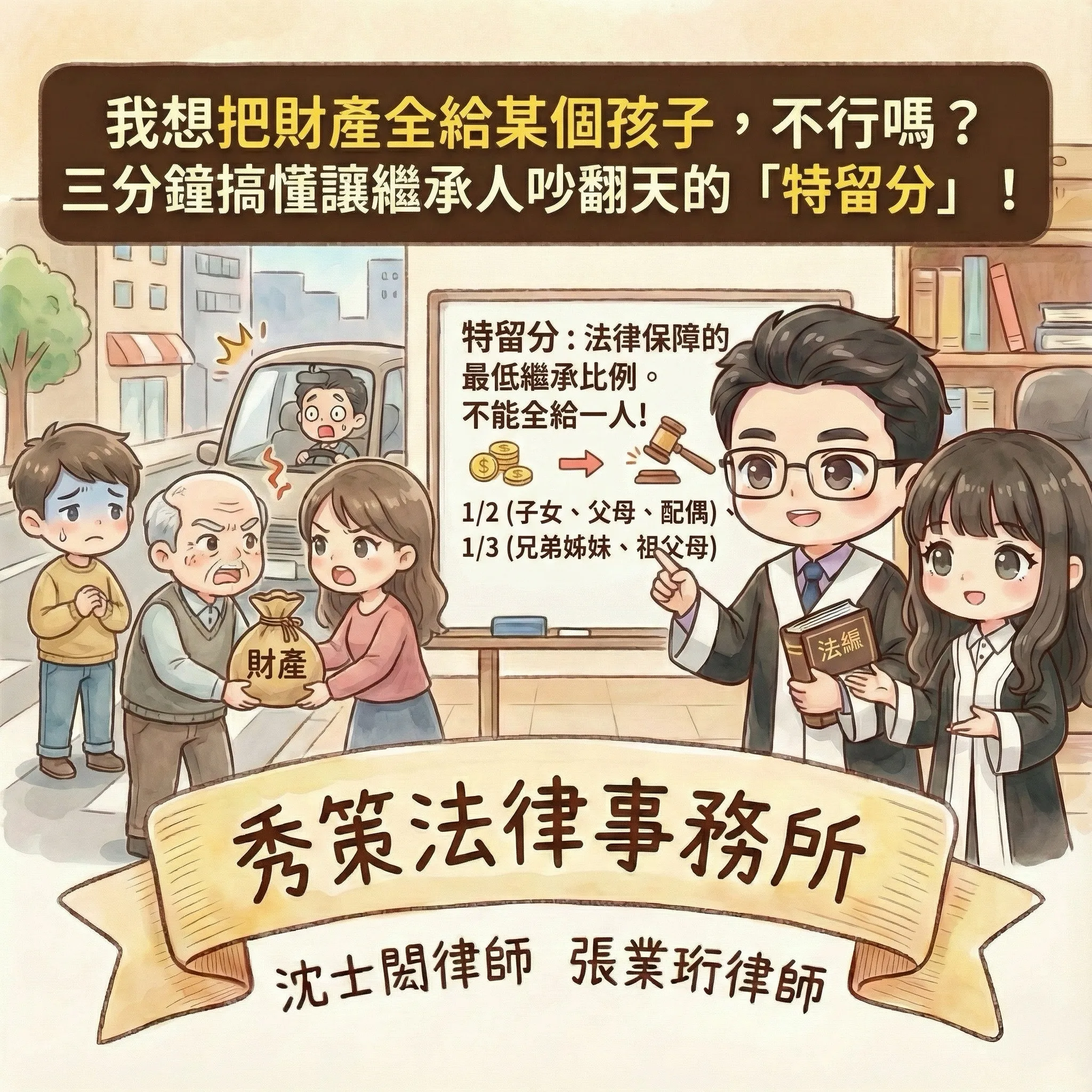 我想把財產全給某個孩子，不行嗎？三分鐘搞懂讓繼承人吵翻天的「特留分」！　#遺囑律師 #遺囑訴訟律師 #代筆遺囑律師 #代筆遺囑律師推薦 #台北代筆遺囑律師 #台北代筆遺囑律師推薦 #新北代筆遺囑律師 #新北代筆遺囑律師推薦