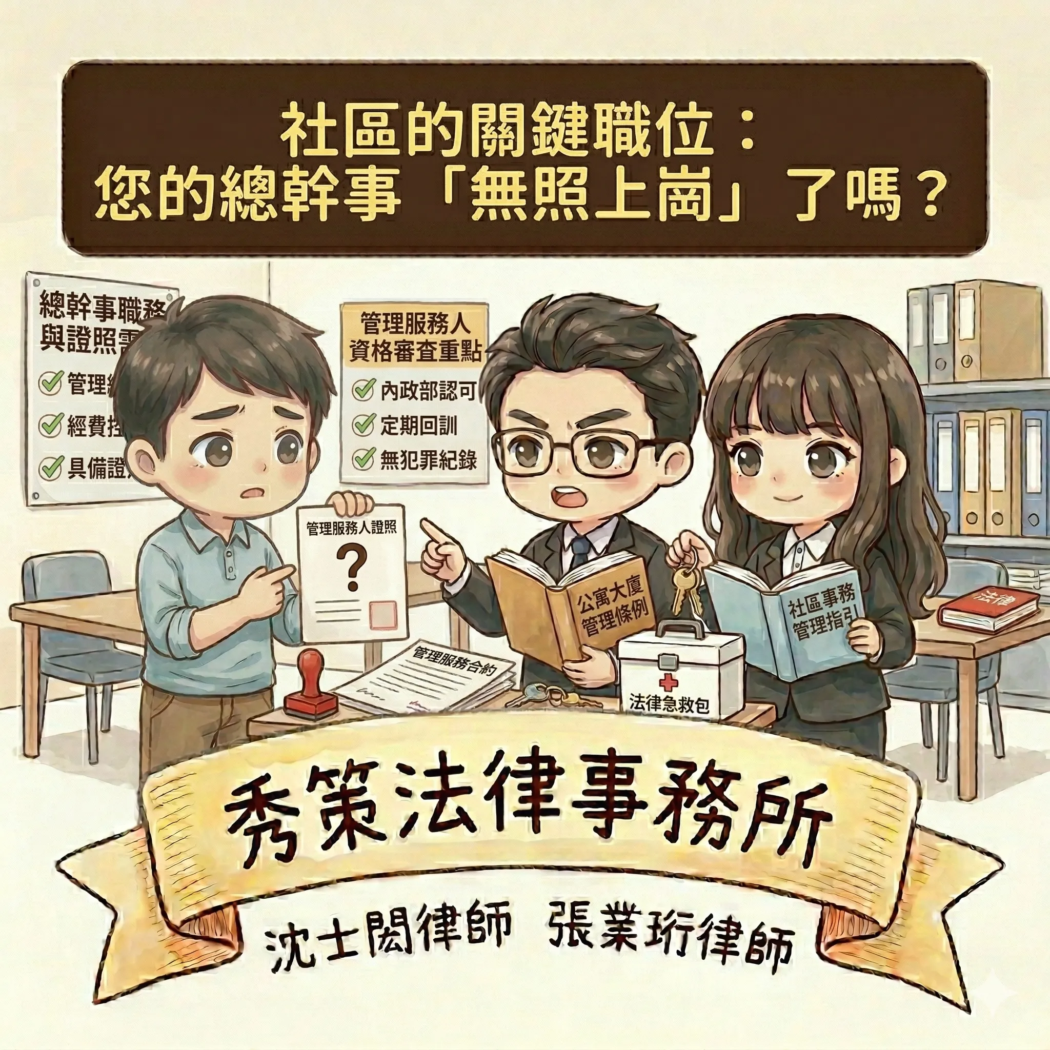 社區的關鍵職位：您的總幹事「無照上崗」了嗎？  社區法律顧問 / 新莊區律師推薦 / 台北律師推薦 / 社區訴訟律師推薦／台北律師事務所／台北社區律師推薦 / 新北社區律師推薦 /  社區紛爭律師推薦／社區治理律師推薦