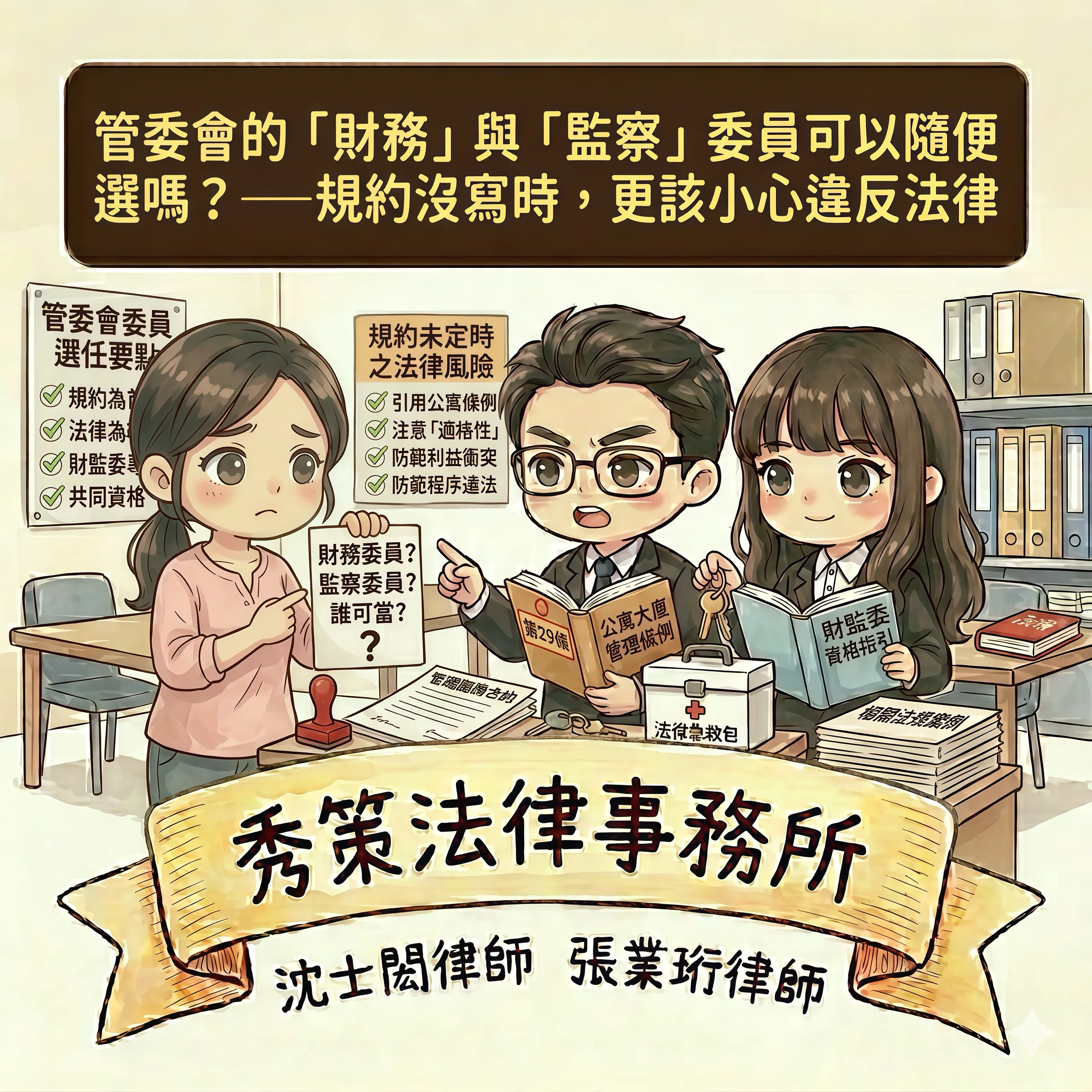 管委會的「財務」與「監察」委員可以隨便選嗎？——規約沒寫時，更該小心違反法律  社區法律顧問 / 新莊區律師推薦 / 台北律師推薦 / 社區訴訟律師推薦／台北律師事務所／台北社區律師推薦 / 新北社區律師推薦 /  社區紛爭律師推薦／社區治