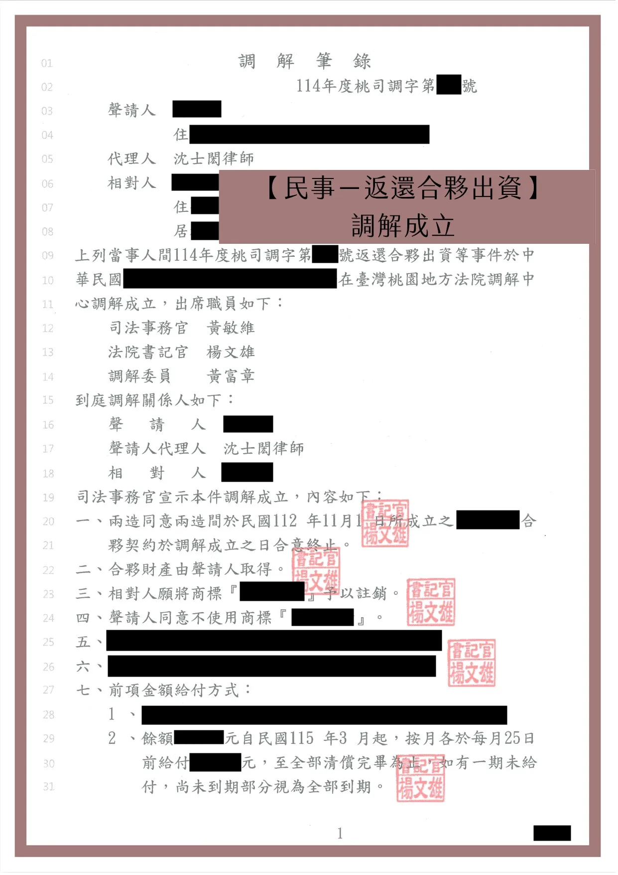 【民事－返還合夥出資】調解成立