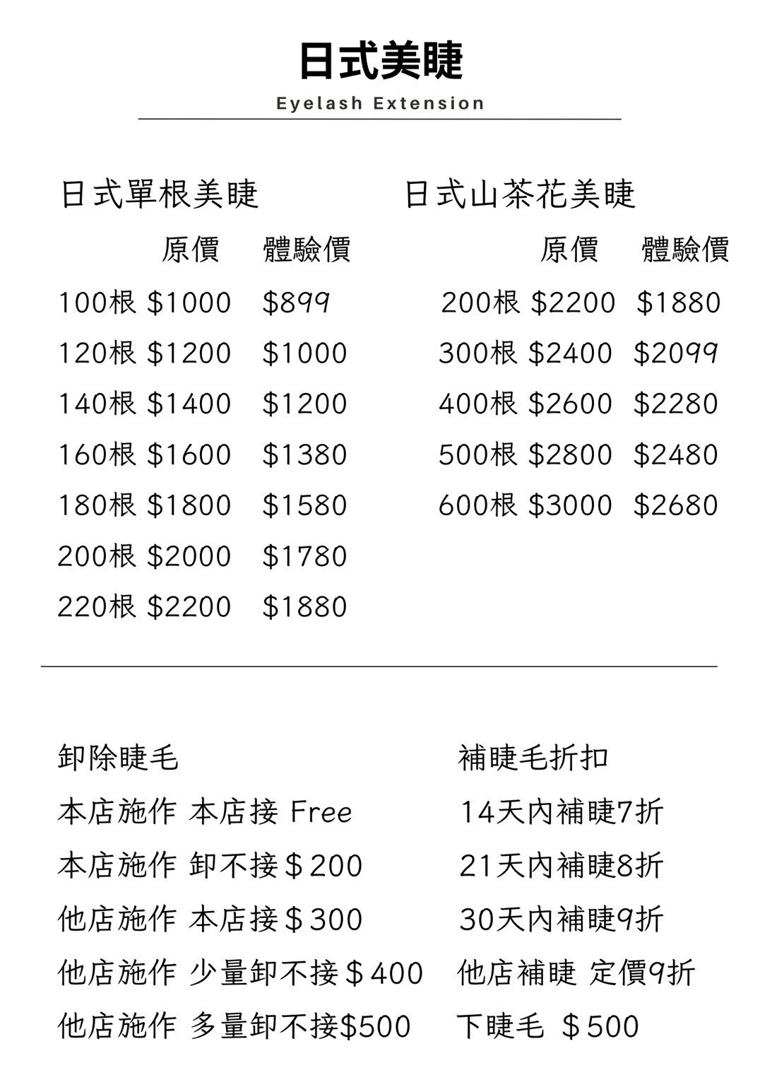 價目表