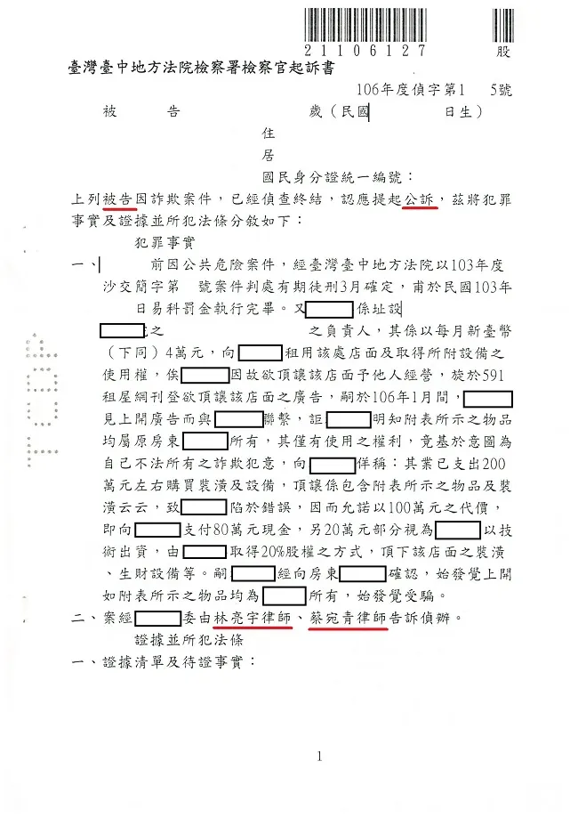 為牟不法利益，房客竟將房東所有的生財工具一併頂讓給後手經營者，後手無奈之下提告詐欺…