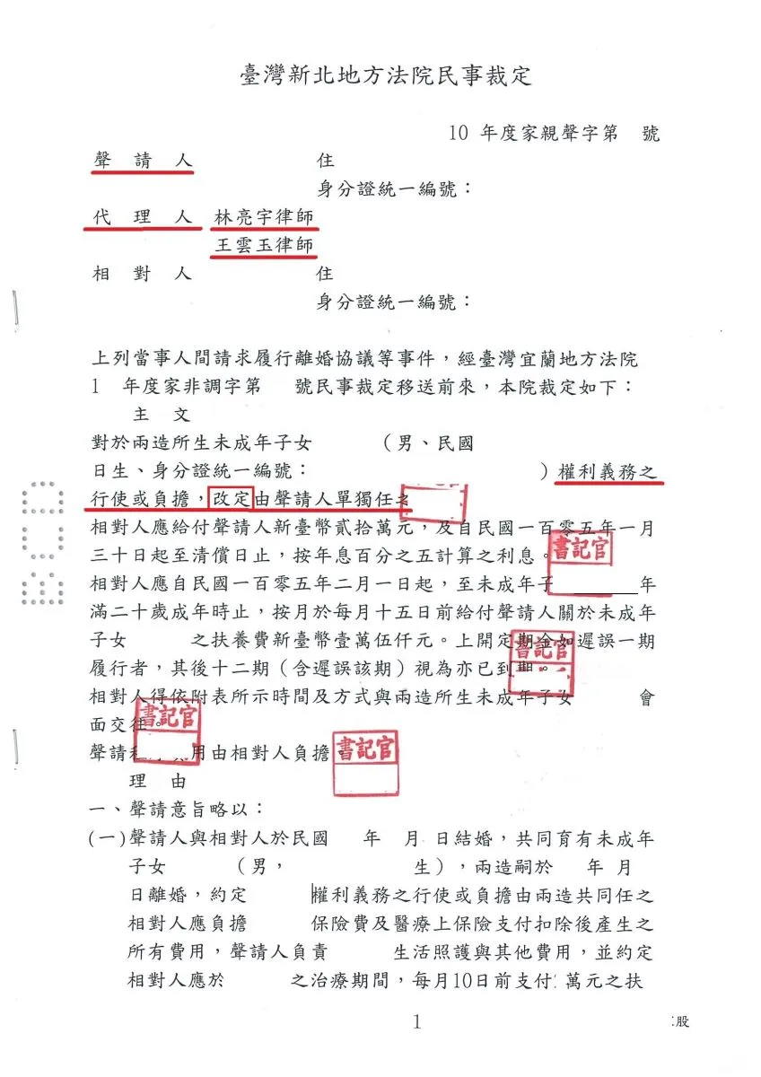離婚已約定共同行使親權，但父親卻置之不理，母親無奈提出【改定未成年權利義務行使負擔】，經真亮法律事務所辦理，法院裁定【改定】由母親單獨任之確定！