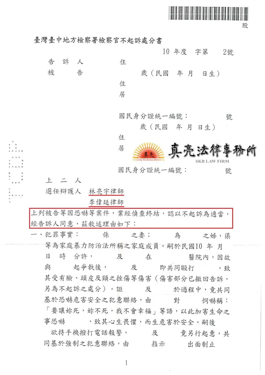 親屬間產生口角，一實失慮發生肢體衝突、口出恐嚇用語，遭提告【傷害、恐嚇危安、強制】罪，經真亮法律事務所辯護，全獲【不起訴】處分確定！