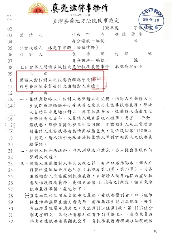 父親失職未照顧年幼子女，還主張給付扶養費，子女成年後委託真亮法律事務所，訴請【免除扶養義務】，獲得【勝訴】確定！