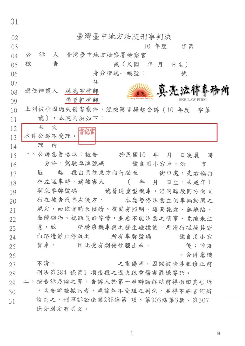 開車不幸發生事故，遭提告【過失重傷罪】，經真亮法律事務所協助，獲判決【不受理】確定！