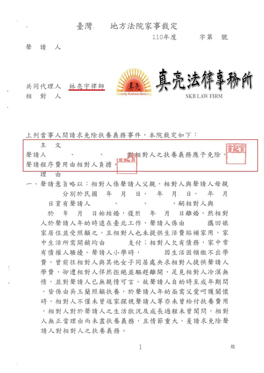 父親失職未照顧年幼子女，子女成年後委託真亮法律事務所，訴請免除扶養義務，獲得【勝訴裁判】確定！