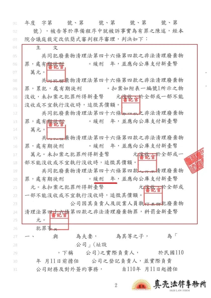 一時失慮違規處理廢棄物，觸犯【廢棄物清理法】，經真亮法律事務所辯護，獲【緩刑】判決確定！