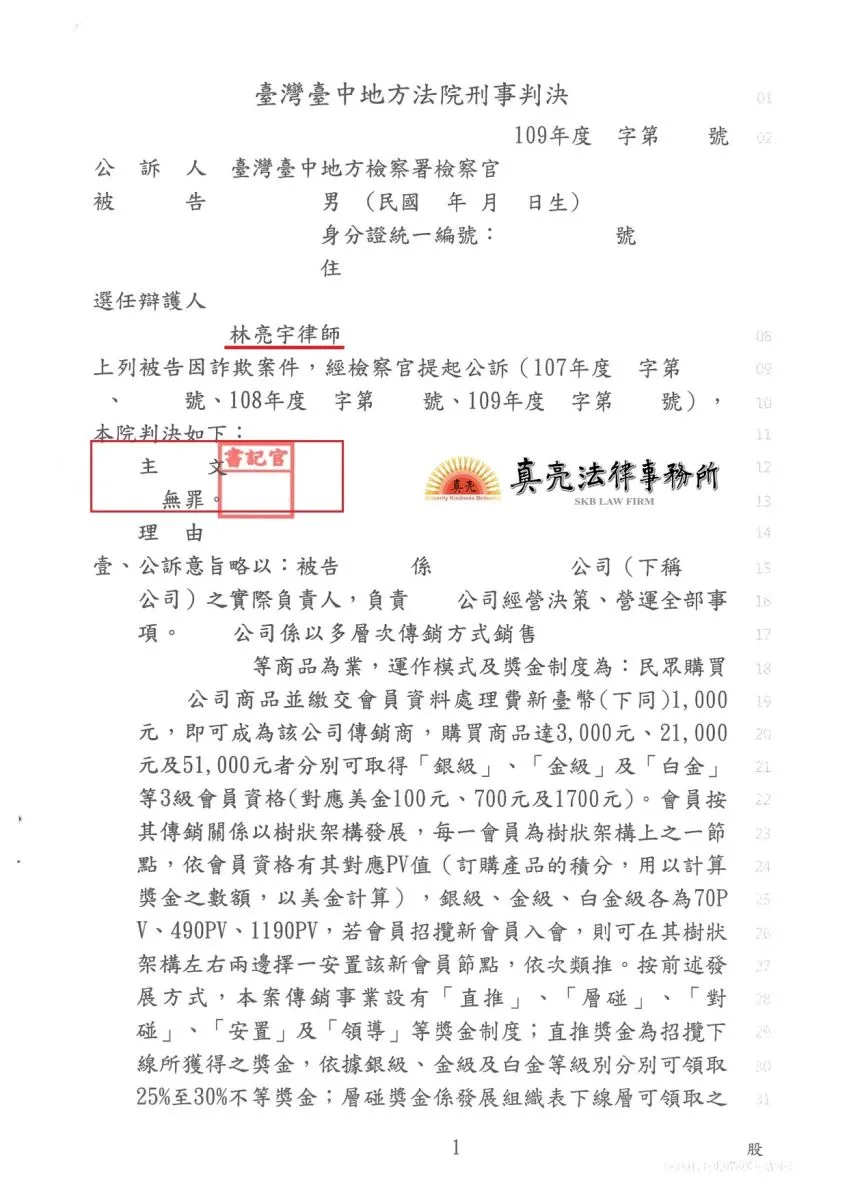 擔任公司負責人，無端遭提告【詐欺】，不幸被地檢署起訴，經委由真亮法律事務所林亮宇律師辯護，獲【無罪】判決【確定】！