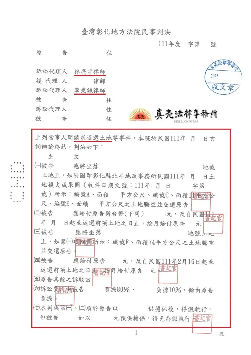 無權占用土地竟拒不返還，經地主委任真亮法律事務所，判決【勝訴】確定，成功討回土地與使用土地的不當得利。