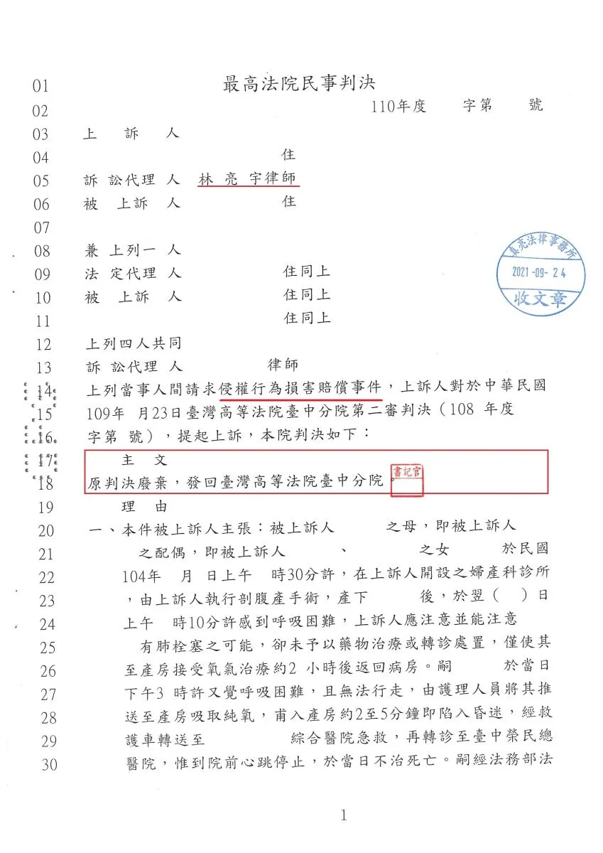 醫師已盡力救治產婦，但仍不幸死亡，遭家屬求償，經委任真亮法律事務所，終於獲得最高法院【廢棄】判決