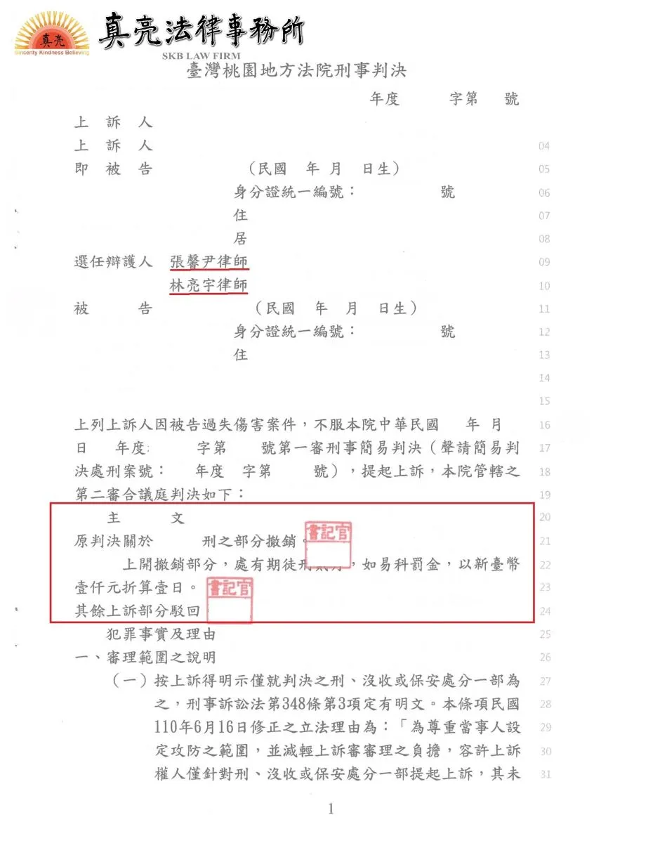 不幸發生車禍卻不願負責賠償，一審判決刑度太輕，經委任真亮法律事務所上訴，獲有利【判決】確定！