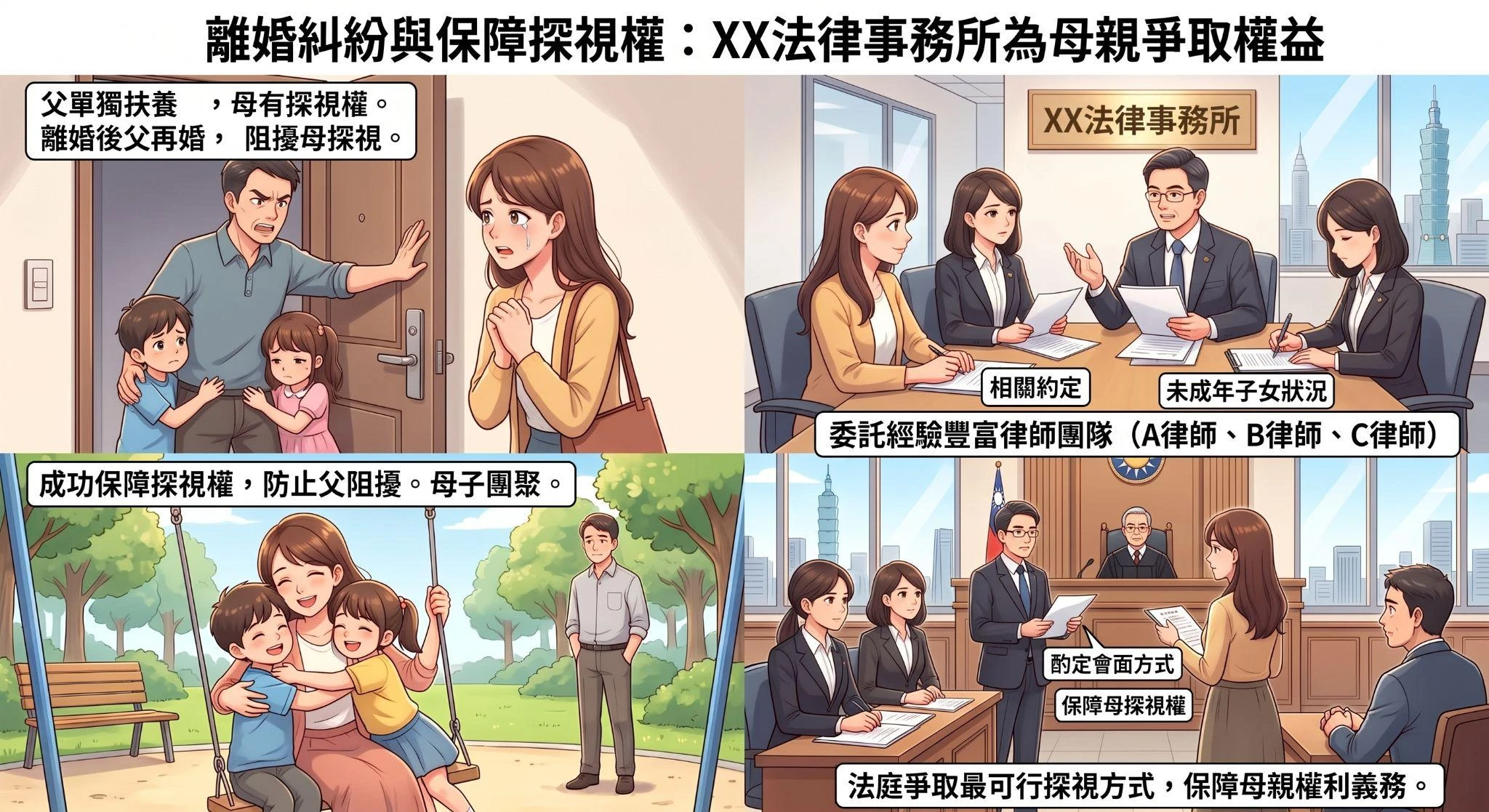 離婚雖已約定未成年子女照顧方式與探視權,但父親刻意阻擾,經真亮法律事務所協助,法院重新酌定母親探視方式確定!