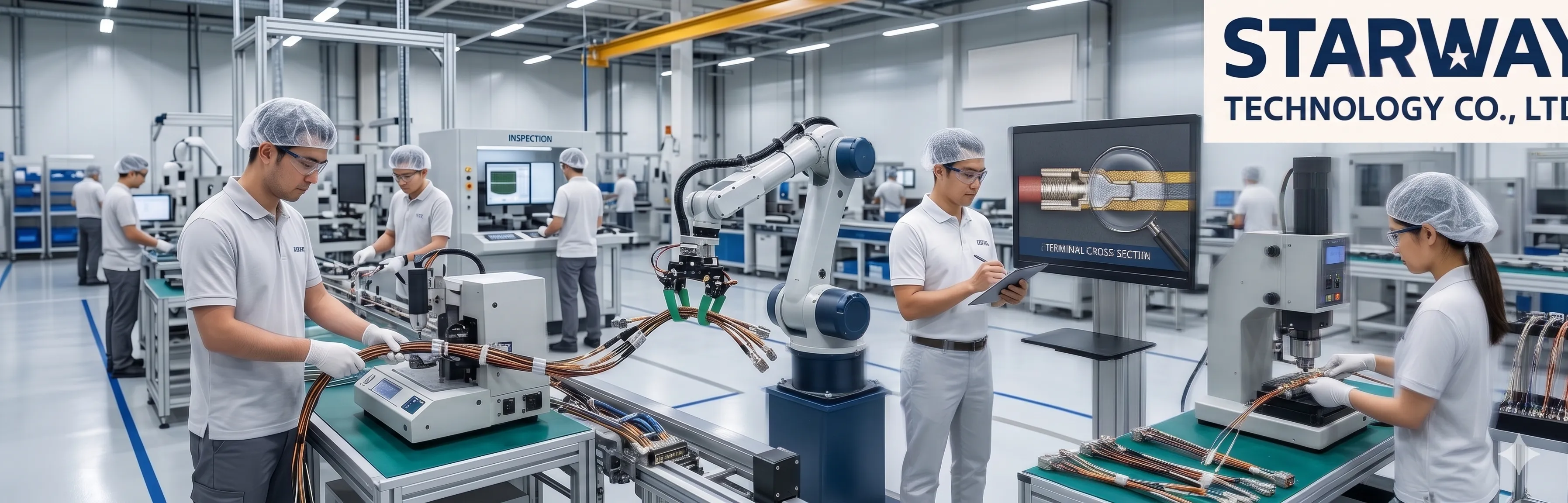 現代化精密電子或航太工廠線束（Wire Harness）生產線的全景照片。