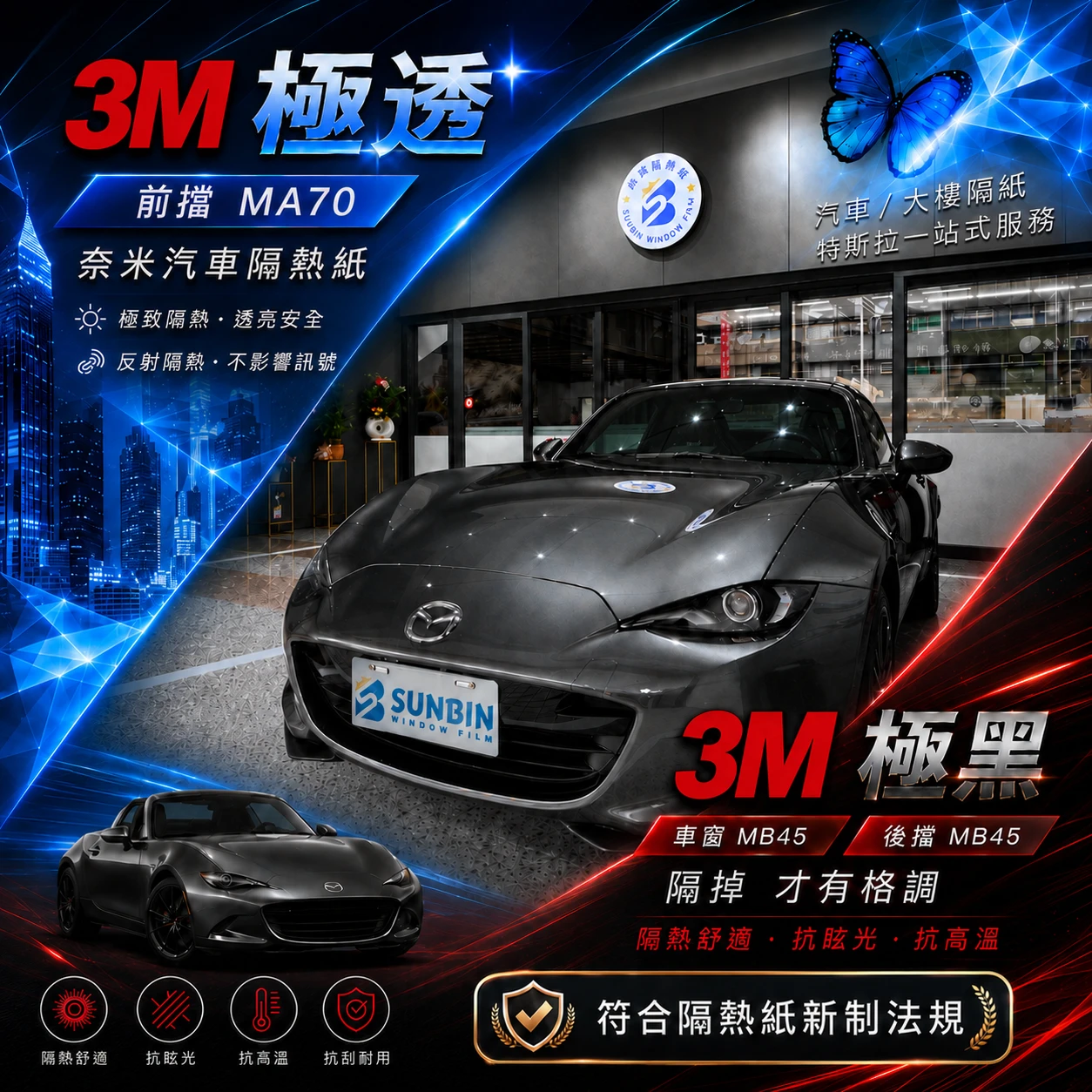 【符合法規】Mazda MX-5 前擋MA70 車窗MB45  後擋MB45