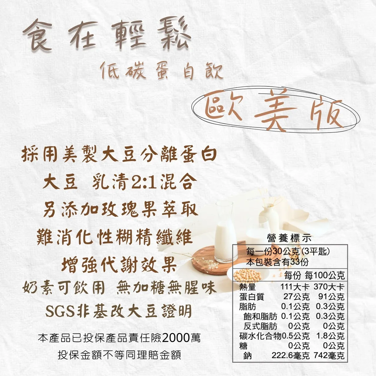 歐美版 食在輕鬆 低碳蛋白飲 分離乳清 大豆蛋白 山葵萃取 難消化性糊精纖維 非基改 8包送鈣碇 10包送維生素D+K 奶素蛋白粉