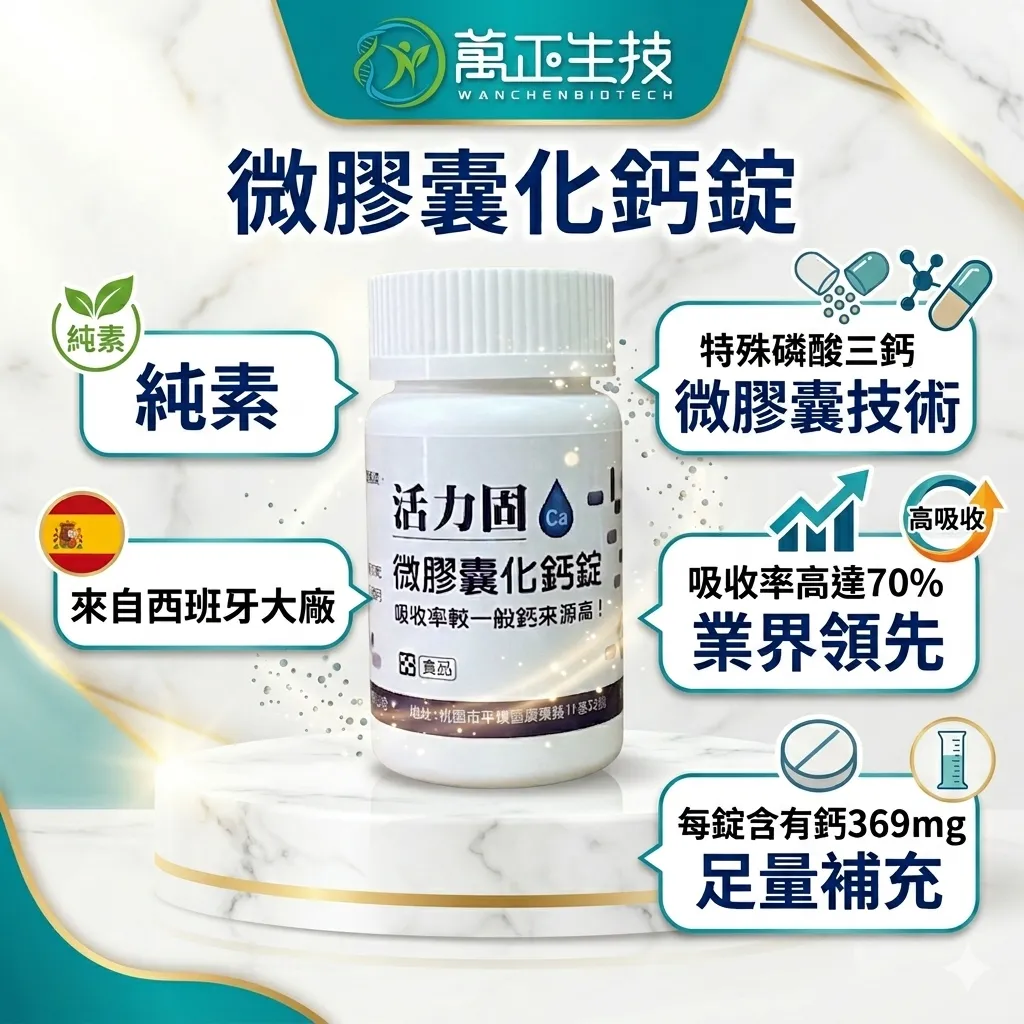 微膠囊化鈣錠 特殊磷酸三鈣 西班牙鈣錠 3-5微米小分子 高吸收 卵磷脂包埋 骨骼保健 純素鈣錠 咖啡族必備