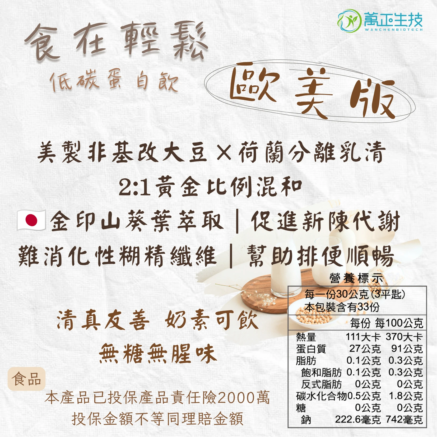 歐美版 食在輕鬆 低碳蛋白飲 分離乳清 大豆蛋白 山葵萃取 難消化性糊精纖維 非基改 8包送鈣碇 10包送維生素D+K 奶素蛋白粉