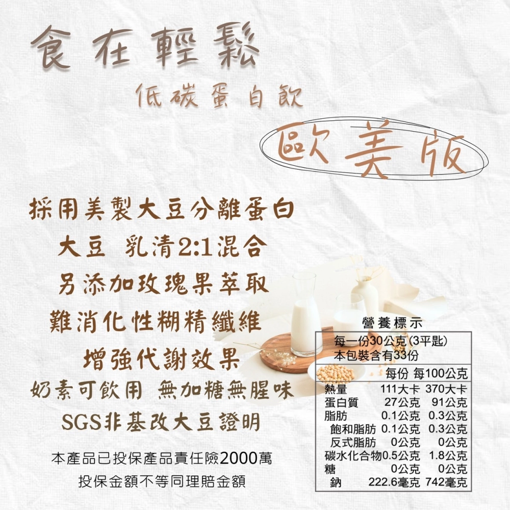 歐美版 食在輕鬆 低碳蛋白飲 分離乳清 大豆蛋白 山葵萃取 難消化性糊精纖維 非基改 8包送鈣碇 10包送維生素D+K 奶素蛋白粉