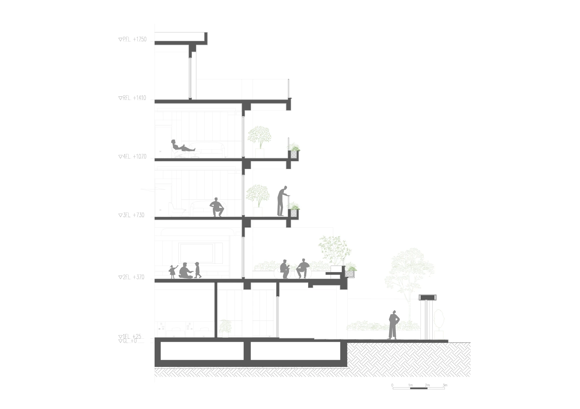 每一道量體的退縮,都成為一座向天空延伸的庭院,引入漫射天光、自然通風與層層綠意,也讓上下樓層的視線、光影與生活彼此交織,在共享與獨立之間,建立三代家人自然互動的生活關係。
