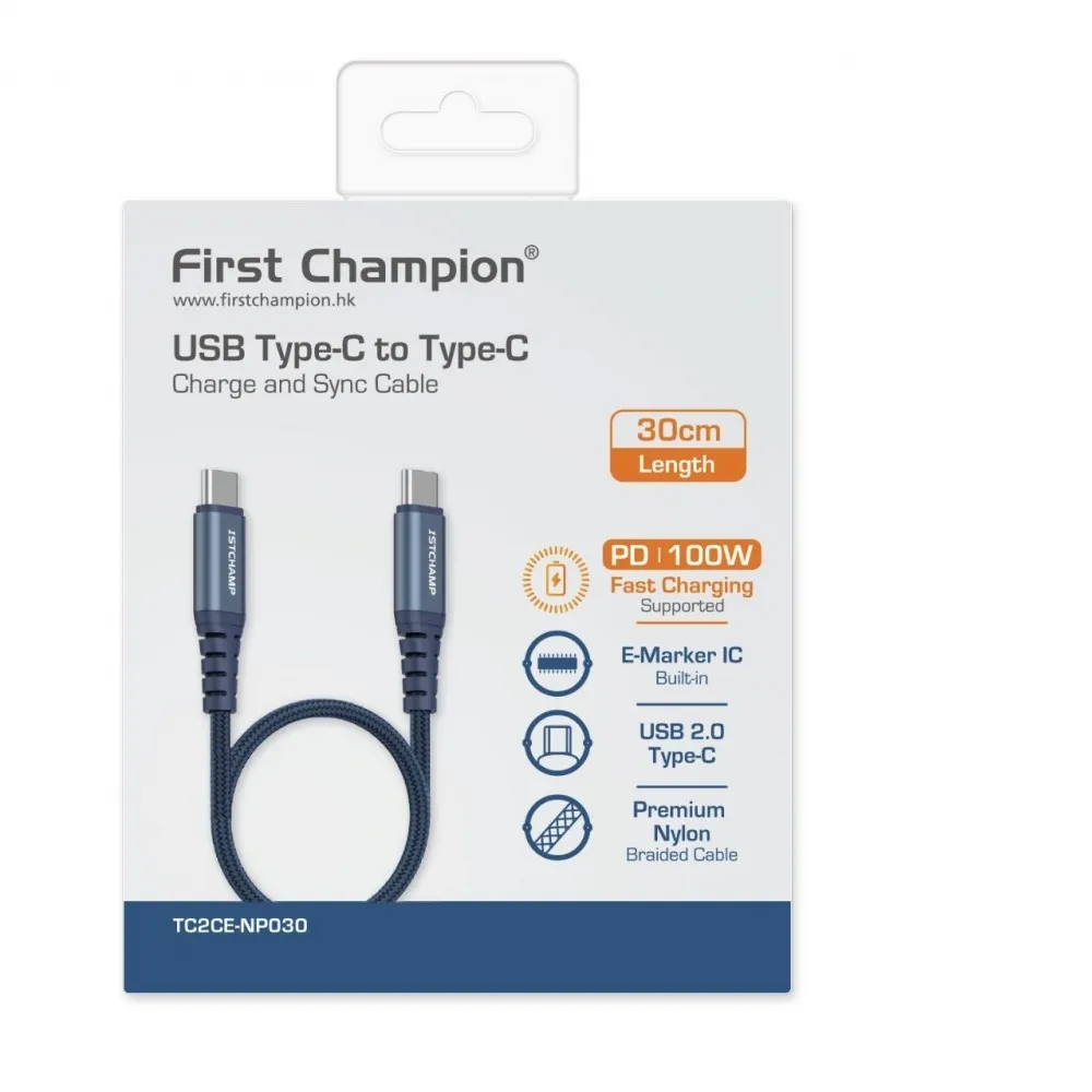 First Champion USB Type-C 至 Type-C Cable, 100W, 尼龍